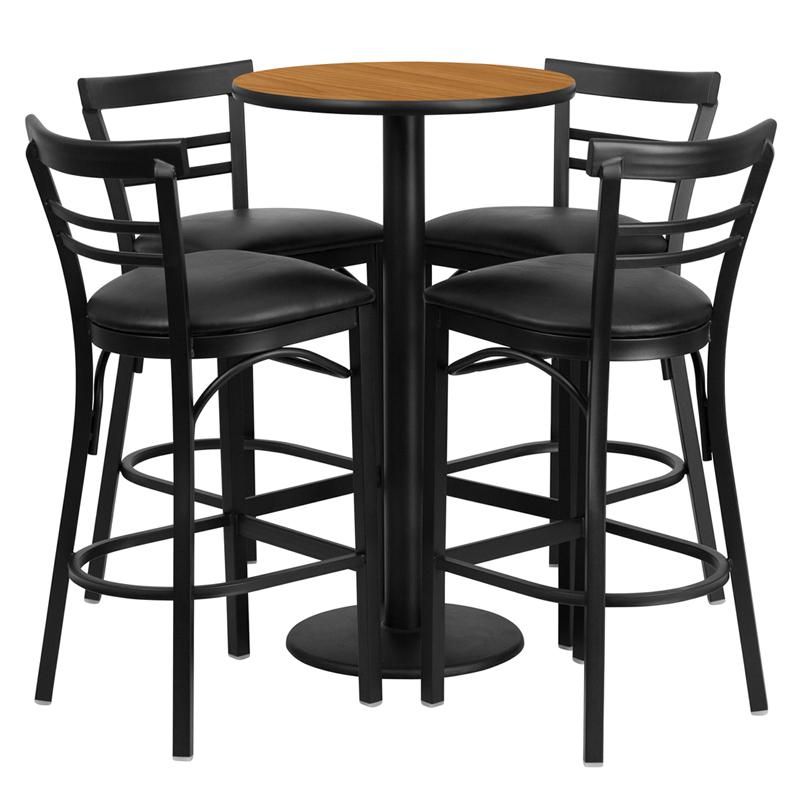 24'' Round Natural Laminate Table Set With Round Base And 4 Two-Slat Ladder Back Metal Barstools - Black Vinyl Seat By Flash Furniture | Bar Stools & Table | Modishstore - 2