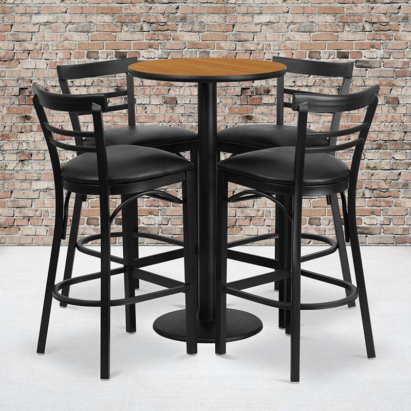 24'' Round Natural Laminate Table Set With Round Base And 4 Two-Slat Ladder Back Metal Barstools - Black Vinyl Seat By Flash Furniture | Bar Stools & Table | Modishstore