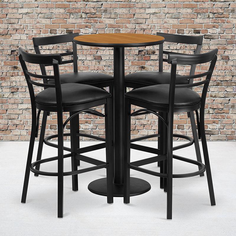 24'' Round Natural Laminate Table Set With Round Base And 4 Two-Slat Ladder Back Metal Barstools - Black Vinyl Seat By Flash Furniture | Bar Stools & Table | Modishstore - 1