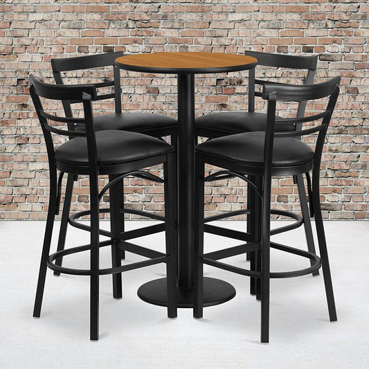 24'' Round Natural Laminate Table Set With Round Base And 4 Two-Slat Ladder Back Metal Barstools - Black Vinyl Seat By Flash Furniture | Bar Stools & Table | Modishstore - 1