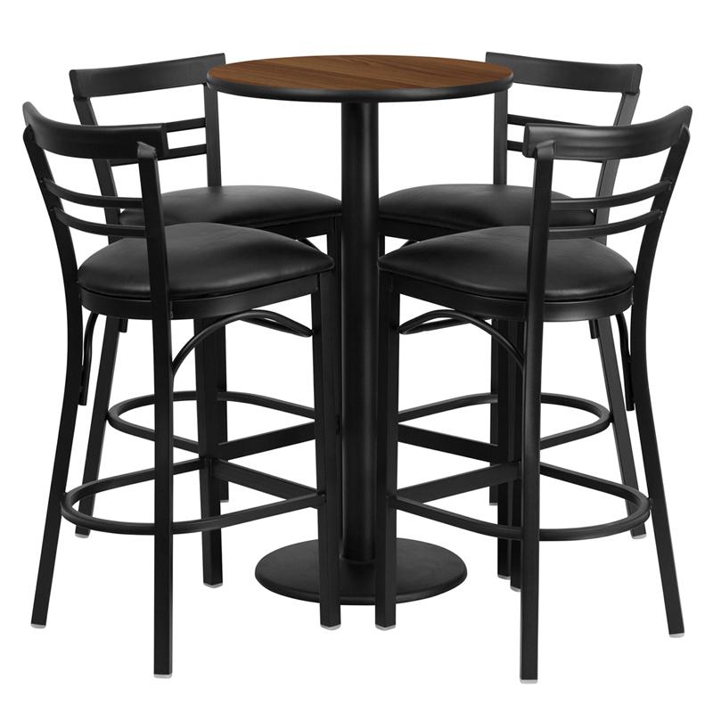 24'' Round Walnut Laminate Table Set With Round Base And 4 Two-Slat Ladder Back Metal Barstools - Black Vinyl Seat By Flash Furniture | Bar Stools & Table | Modishstore - 2