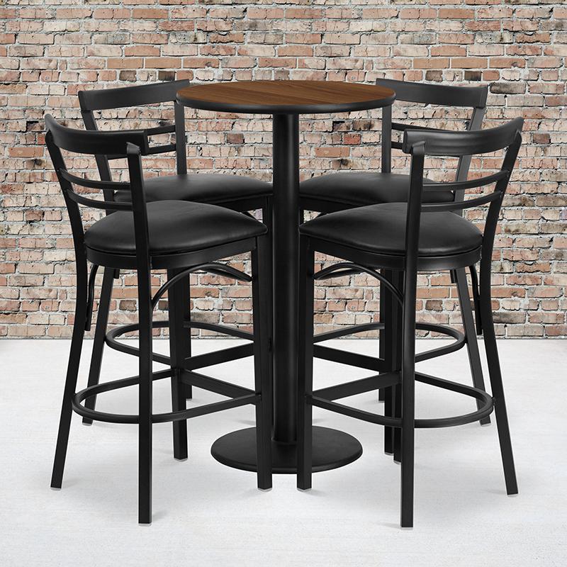 24'' Round Walnut Laminate Table Set With Round Base And 4 Two-Slat Ladder Back Metal Barstools - Black Vinyl Seat By Flash Furniture | Bar Stools & Table | Modishstore - 1