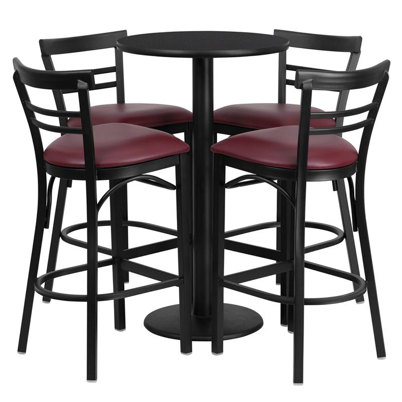 24'' Round Black Laminate Table Set With Round Base And 4 Two-Slat Ladder Back Metal Barstools - Burgundy Vinyl Seat By Flash Furniture | Bar Stools & Table | Modishstore - 2
