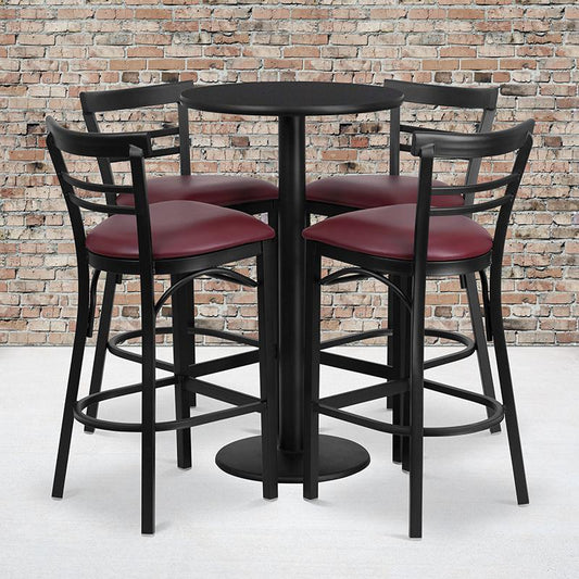 24'' Round Black Laminate Table Set With Round Base And 4 Two-Slat Ladder Back Metal Barstools - Burgundy Vinyl Seat By Flash Furniture | Bar Stools & Table | Modishstore