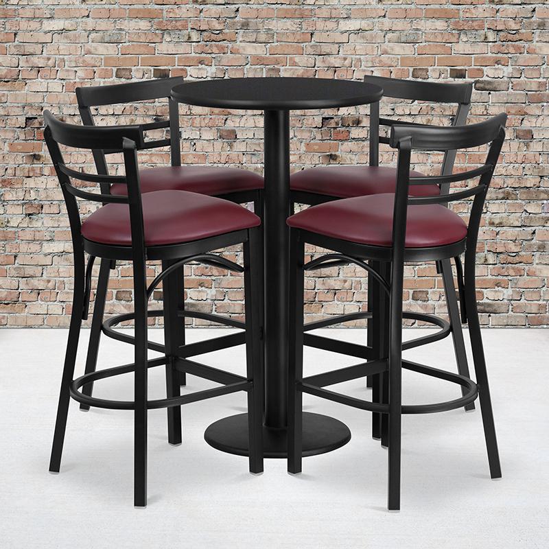 24'' Round Black Laminate Table Set With Round Base And 4 Two-Slat Ladder Back Metal Barstools - Burgundy Vinyl Seat By Flash Furniture | Bar Stools & Table | Modishstore - 1