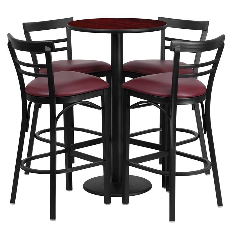 24'' Round Mahogany Laminate Table Set With Round Base And 4 Two-Slat Ladder Back Metal Barstools - Burgundy Vinyl Seat By Flash Furniture | Bar Stools & Table | Modishstore - 2