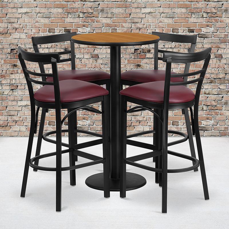24'' Round Natural Laminate Table Set With Round Base And 4 Two-Slat Ladder Back Metal Barstools - Burgundy Vinyl Seat By Flash Furniture | Bar Stools & Table | Modishstore