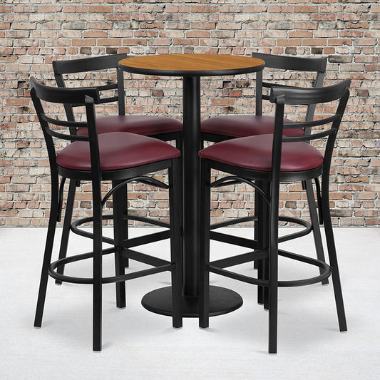 24'' Round Natural Laminate Table Set With Round Base And 4 Two-Slat Ladder Back Metal Barstools - Burgundy Vinyl Seat By Flash Furniture | Bar Stools & Table | Modishstore