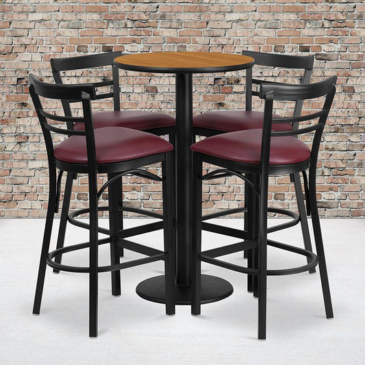 24'' Round Natural Laminate Table Set With Round Base And 4 Two-Slat Ladder Back Metal Barstools - Burgundy Vinyl Seat By Flash Furniture | Bar Stools & Table | Modishstore - 1