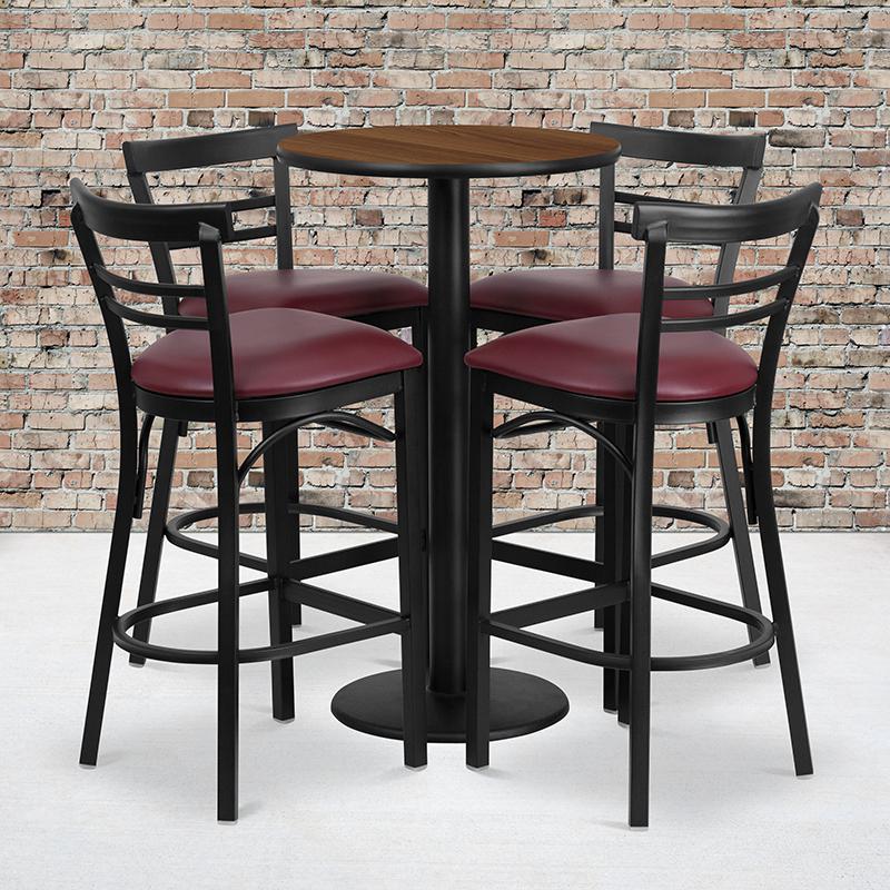 24'' Round Walnut Laminate Table Set With Round Base And 4 Two-Slat Ladder Back Metal Barstools - Burgundy Vinyl Seat By Flash Furniture | Bar Stools & Table | Modishstore - 1