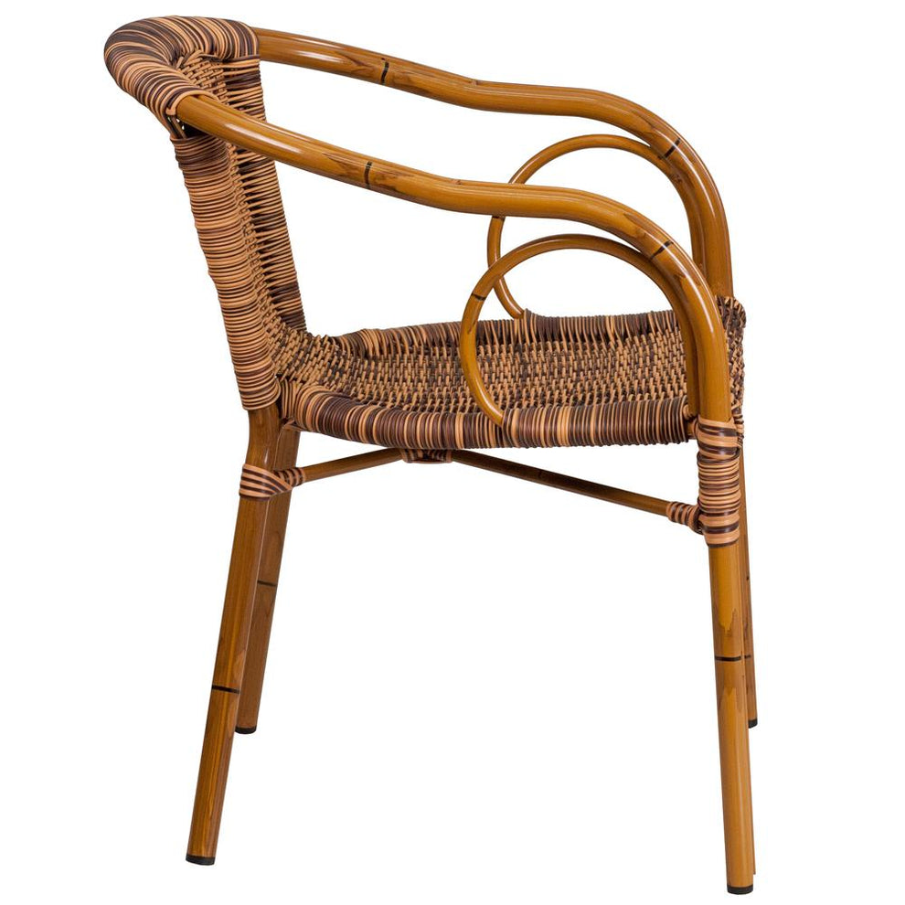 Cadiz Series Burning Brown Rattan Restaurant Patio Chair With Dark Red Bamboo-Aluminum Frame By Flash Furniture | Dining Chairs | Modishstore - 4