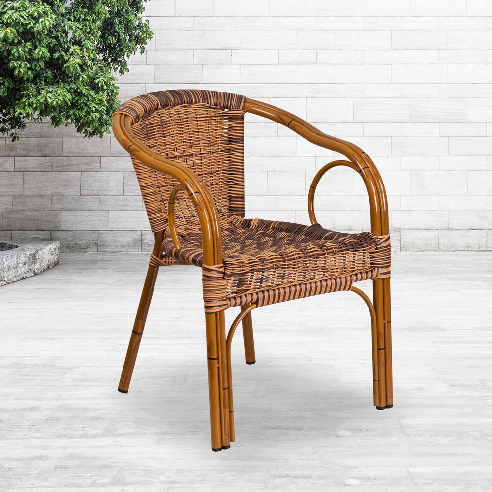 Cadiz Series Burning Brown Rattan Restaurant Patio Chair With Dark Red Bamboo-Aluminum Frame By Flash Furniture | Dining Chairs | Modishstore - 2