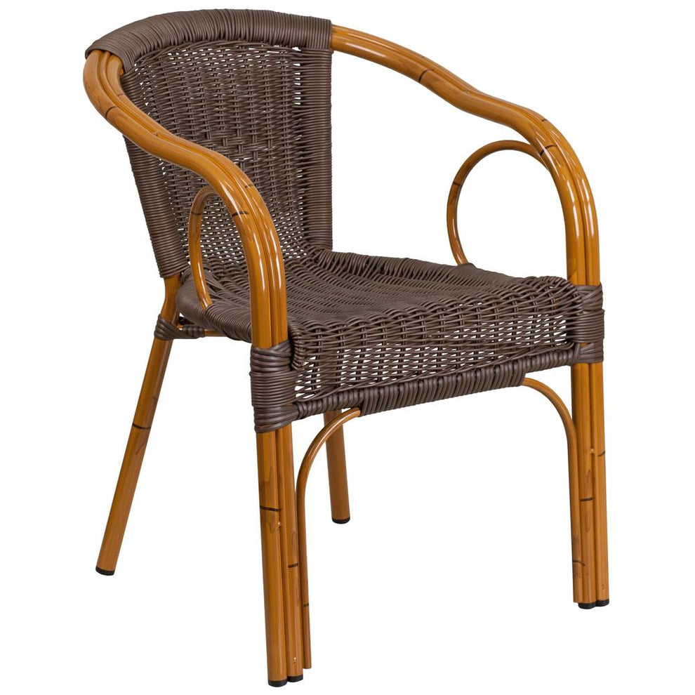 Cadiz Series Dark Brown Rattan Restaurant Patio Chair With Red Bamboo-Aluminum Frame By Flash Furniture | Dining Chairs | Modishstore - 2
