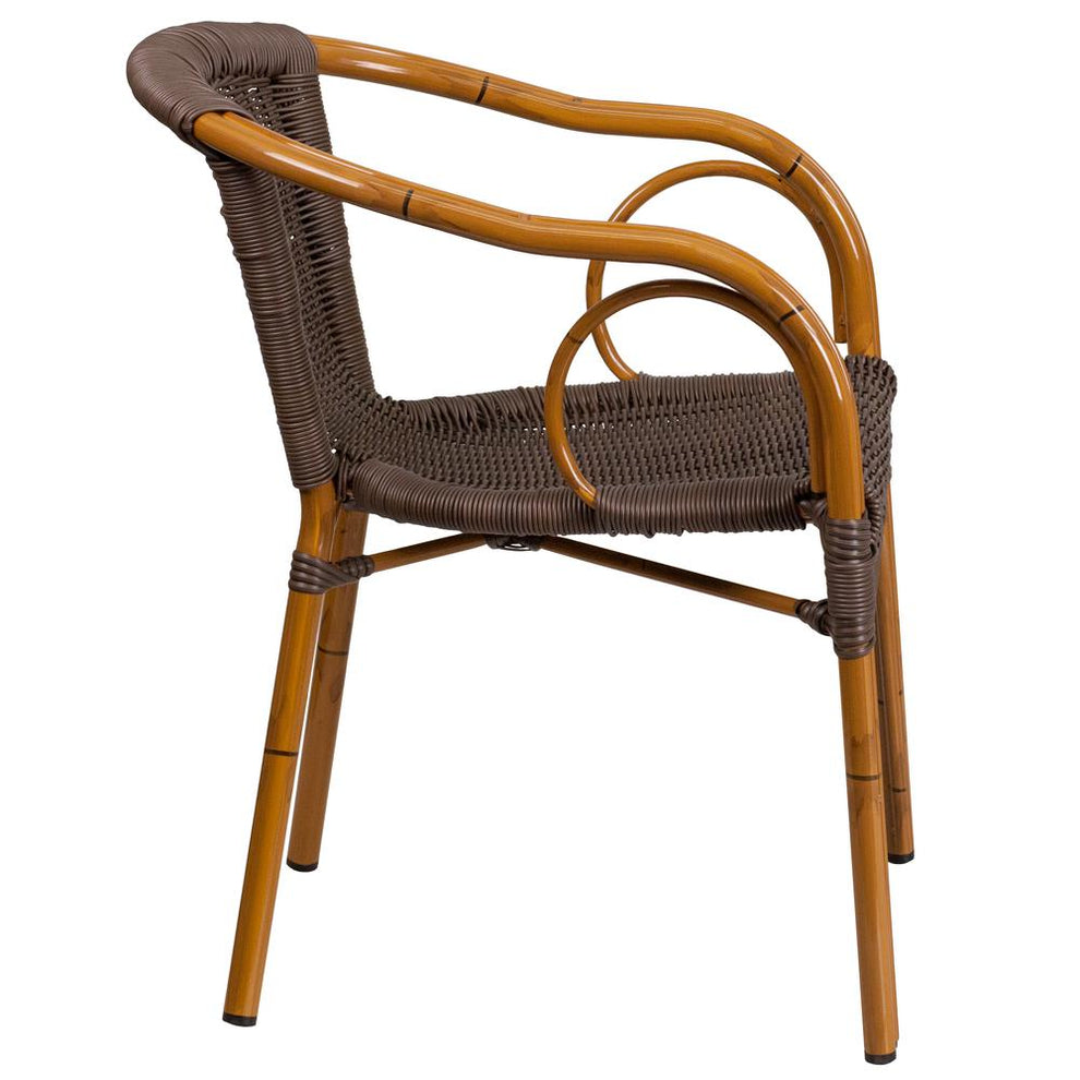 Cadiz Series Dark Brown Rattan Restaurant Patio Chair With Red Bamboo-Aluminum Frame By Flash Furniture | Dining Chairs | Modishstore - 4