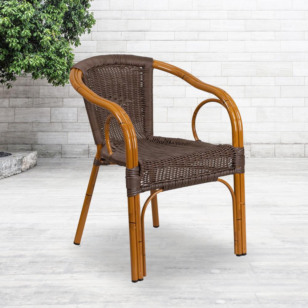 Cadiz Series Dark Brown Rattan Restaurant Patio Chair With Red Bamboo-Aluminum Frame By Flash Furniture | Dining Chairs | Modishstore - 1