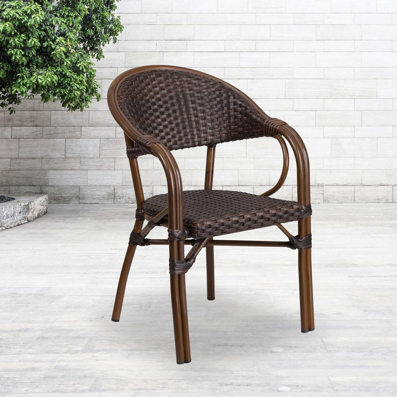 Milano Series Dark Brown Rattan Restaurant Patio Chair With Red Bamboo-Aluminum Frame By Flash Furniture | Dining Chairs | Modishstore - 1