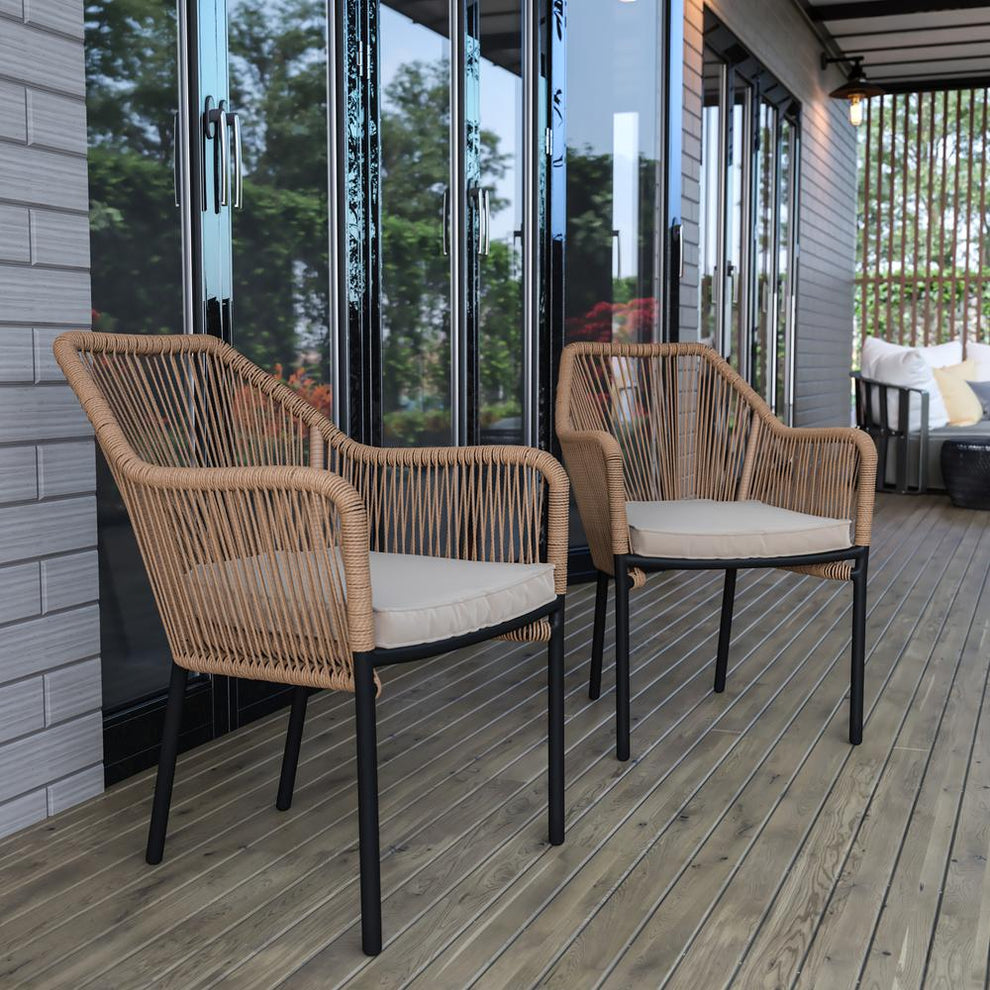Kallie Set Of 2 All-Weather Natural Woven Stacking Club Chairs With Rounded Arms & Ivory Zippered Seat Cushions By Flash Furniture | Dining Chairs | Modishstore - 2