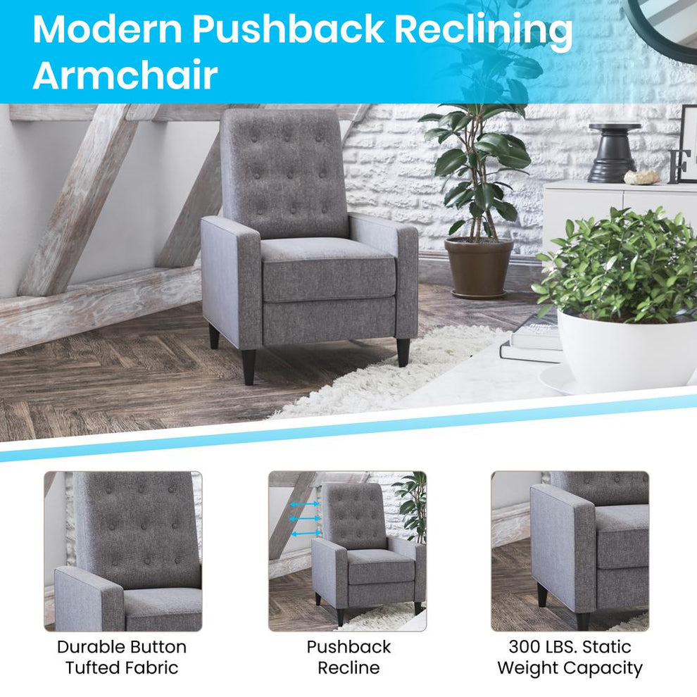 Ezra Mid-Century Modern Fabric Upholstered Button Tufted Pushback Recliner In Gray For Residential & Commercial Use By Flash Furniture | Recliners | Modishstore - 4