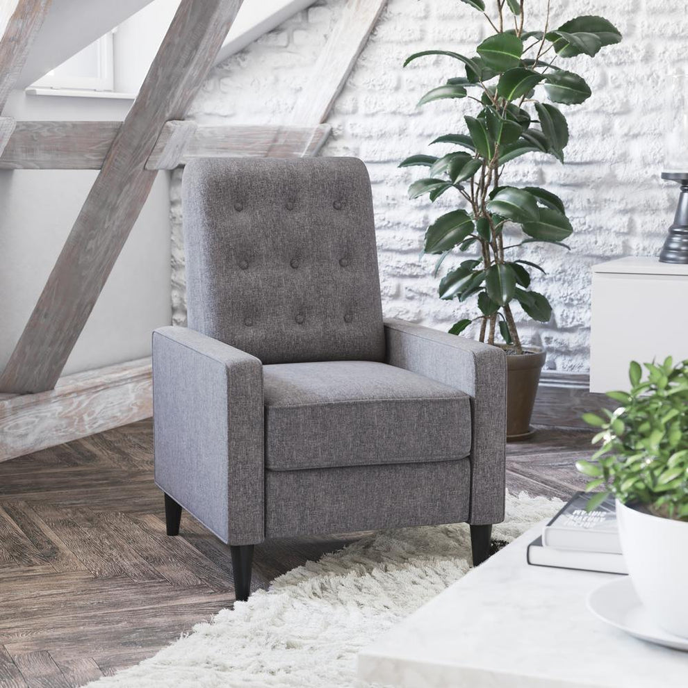 Ezra Mid-Century Modern Fabric Upholstered Button Tufted Pushback Recliner In Gray For Residential & Commercial Use By Flash Furniture | Recliners | Modishstore - 2