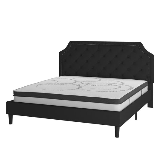Brighton King Size Tufted Upholstered Platform Bed In Black Fabric With 10 Inch Certipur-Us Certified Pocket Spring Mattress By Flash Furniture | Beds | Modishstore