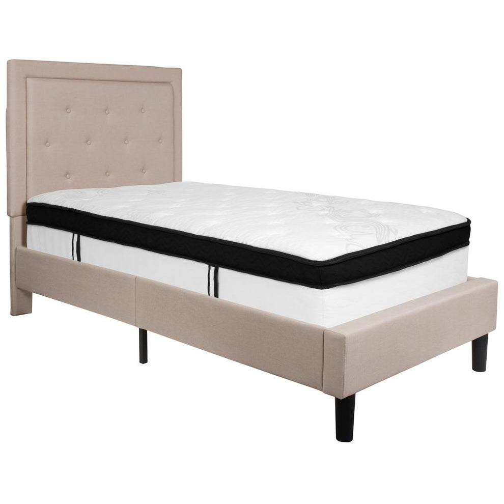 Roxbury Twin Size Tufted Upholstered Platform Bed In Beige Fabric With Memory Foam Mattress By Flash Furniture | Beds | Modishstore - 2