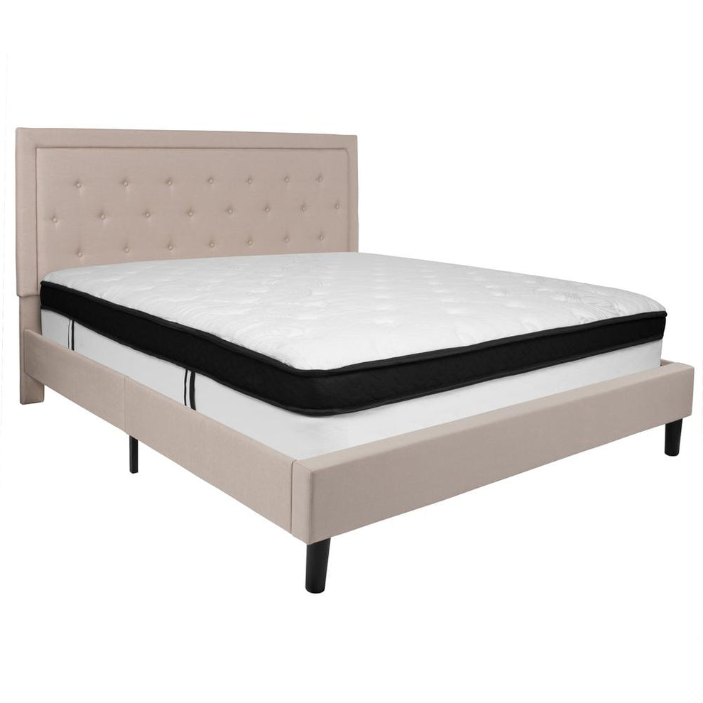 Roxbury King Size Tufted Upholstered Platform Bed In Beige Fabric With Memory Foam Mattress By Flash Furniture | Beds | Modishstore - 2