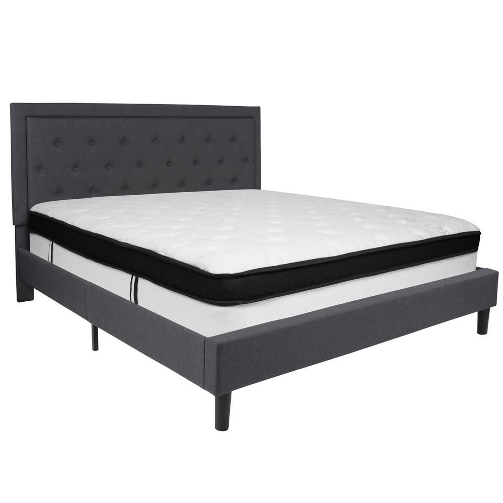 Roxbury King Size Tufted Upholstered Platform Bed In Dark Gray Fabric With Memory Foam Mattress By Flash Furniture | Beds | Modishstore - 2