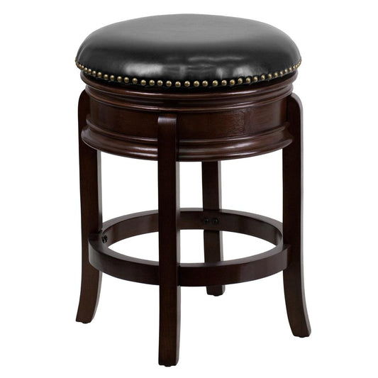 24'' High Backless Cappuccino Wood Counter Height Stool With Carved Apron And Black Leathersoft Swivel Seat By Flash Furniture | Bar Stools | Modishstore