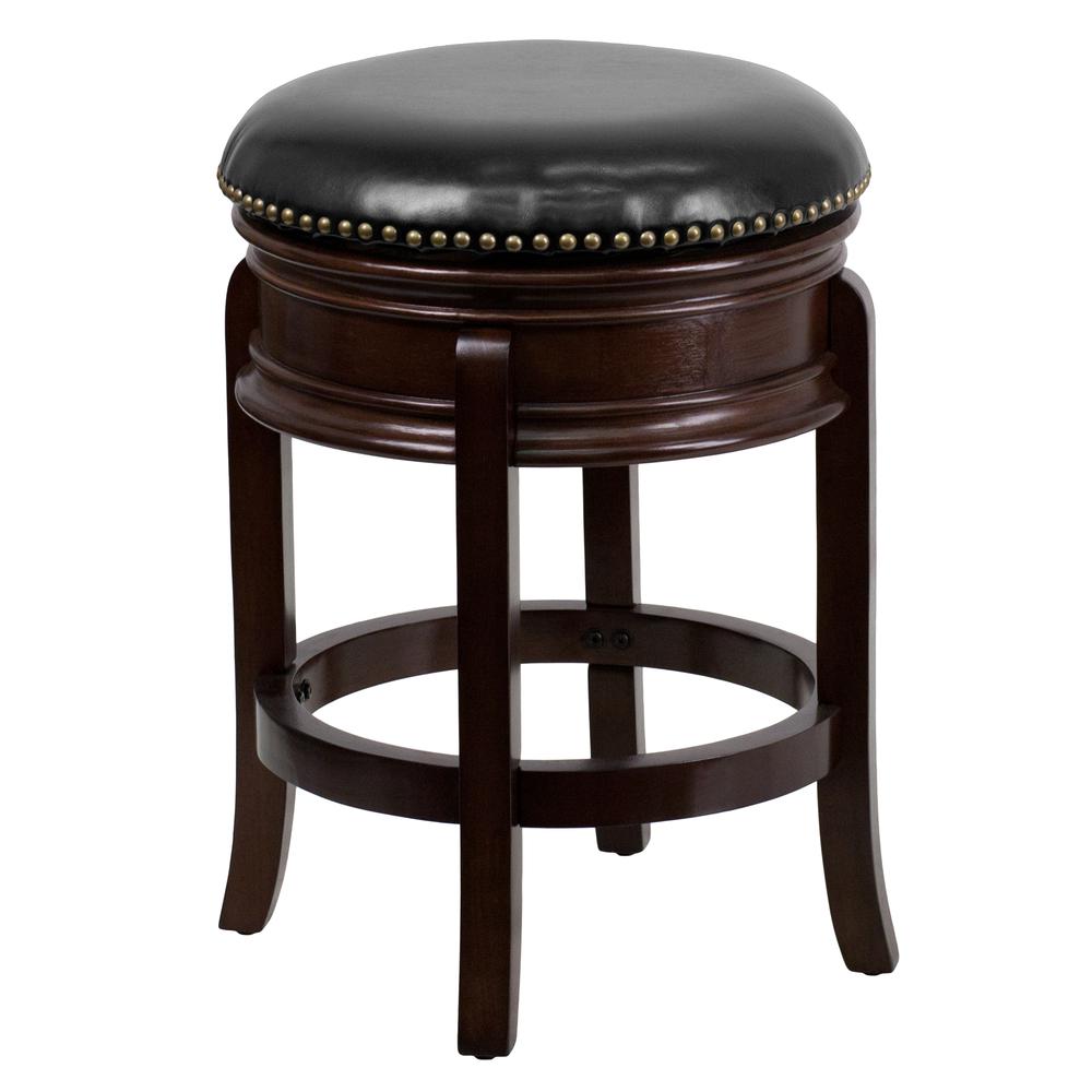 24'' High Backless Cappuccino Wood Counter Height Stool With Carved Apron And Black Leathersoft Swivel Seat By Flash Furniture | Bar Stools | Modishstore - 1