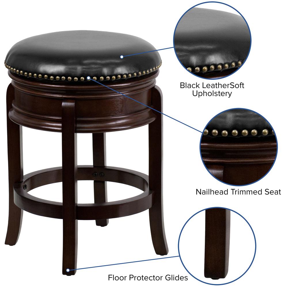 24'' High Backless Cappuccino Wood Counter Height Stool With Carved Apron And Black Leathersoft Swivel Seat By Flash Furniture | Bar Stools | Modishstore - 3