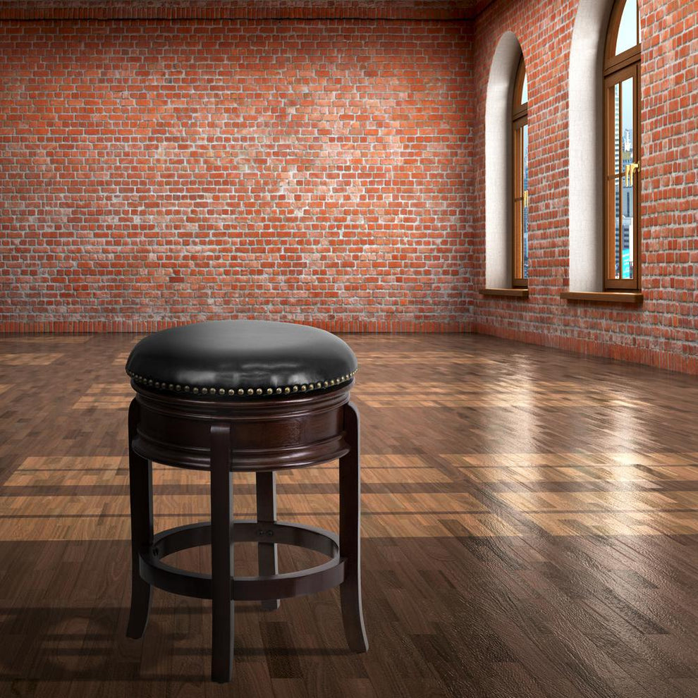 24'' High Backless Cappuccino Wood Counter Height Stool With Carved Apron And Black Leathersoft Swivel Seat By Flash Furniture | Bar Stools | Modishstore - 2