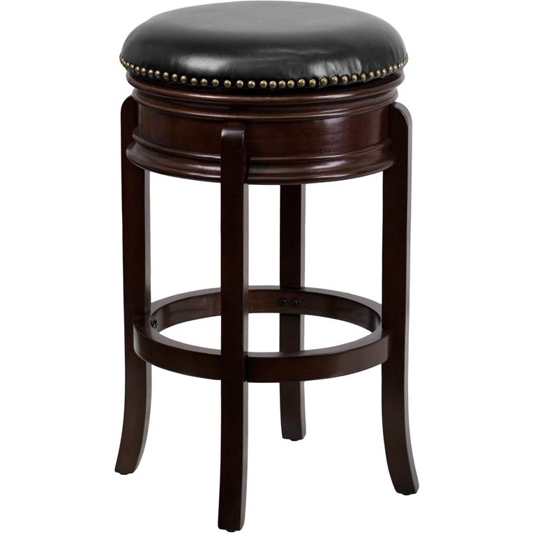29'' High Backless Cappuccino Wood Barstool With Carved Apron And Black Leathersoft Swivel Seat By Flash Furniture | Bar Stools | Modishstore - 2