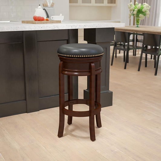 29'' High Backless Cappuccino Wood Barstool With Carved Apron And Black Leathersoft Swivel Seat By Flash Furniture | Bar Stools | Modishstore