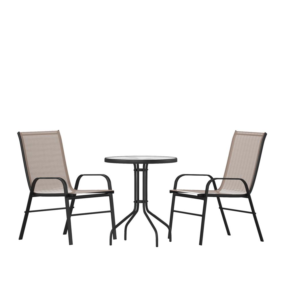 3 Piece Outdoor Patio Dining Set - 23.75" Round Tempered Glass Patio Table, 2 Brown Flex Comfort Stack Chairs By Flash Furniture | Dining Sets | Modishstore