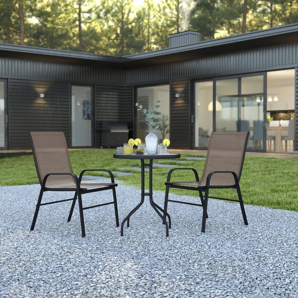 3 Piece Outdoor Patio Dining Set - 23.75" Round Tempered Glass Patio Table, 2 Brown Flex Comfort Stack Chairs By Flash Furniture | Outdoor Dining Sets | Modishstore - 1