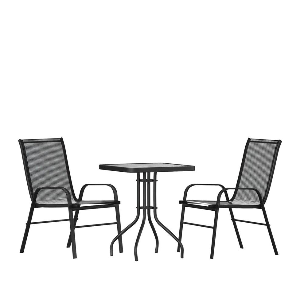 3 Piece Outdoor Patio Dining Set - 23.5" Square Tempered Glass Patio Table, 2 Black Flex Comfort Stack Chairs By Flash Furniture | Outdoor Dining Sets | Modishstore - 2