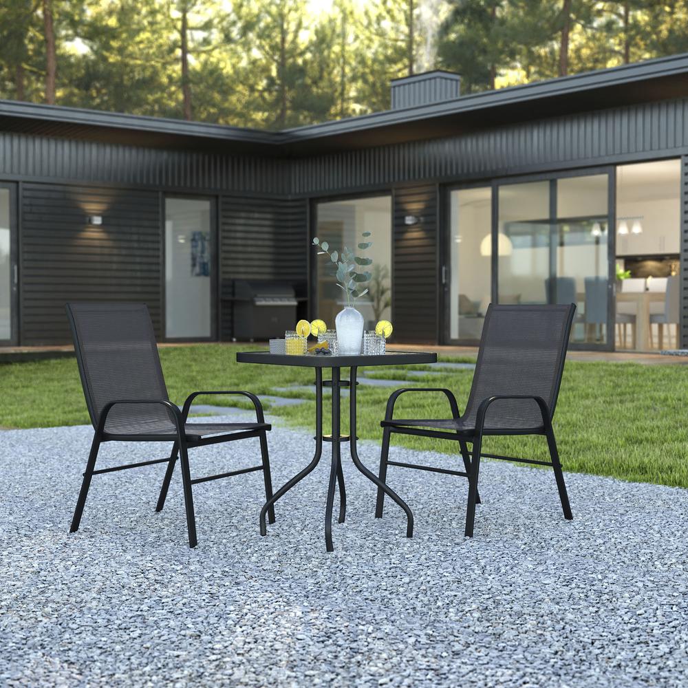 3 Piece Outdoor Patio Dining Set - 23.5" Square Tempered Glass Patio Table, 2 Black Flex Comfort Stack Chairs By Flash Furniture | Dining Sets | Modishstore - 2