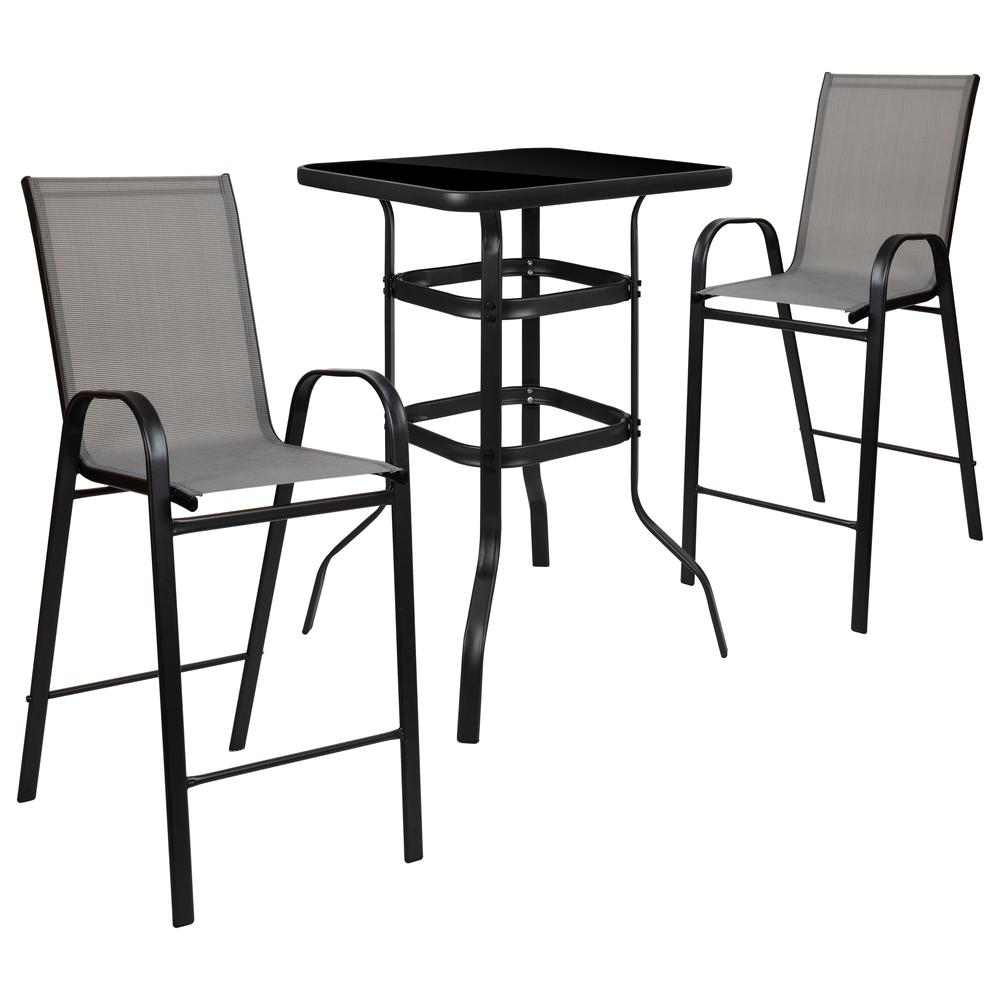 Outdoor Dining Set - 2-Person Bistro Set - Outdoor Glass Bar Table With Gray All-Weather Patio Stools By Flash Furniture | Outdoor Dining Sets | Modishstore - 2