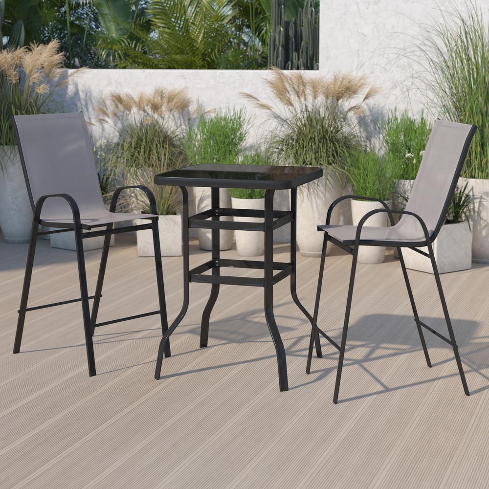 Outdoor Dining Set - 2-Person Bistro Set - Outdoor Glass Bar Table With Gray All-Weather Patio Stools By Flash Furniture | Outdoor Dining Sets | Modishstore