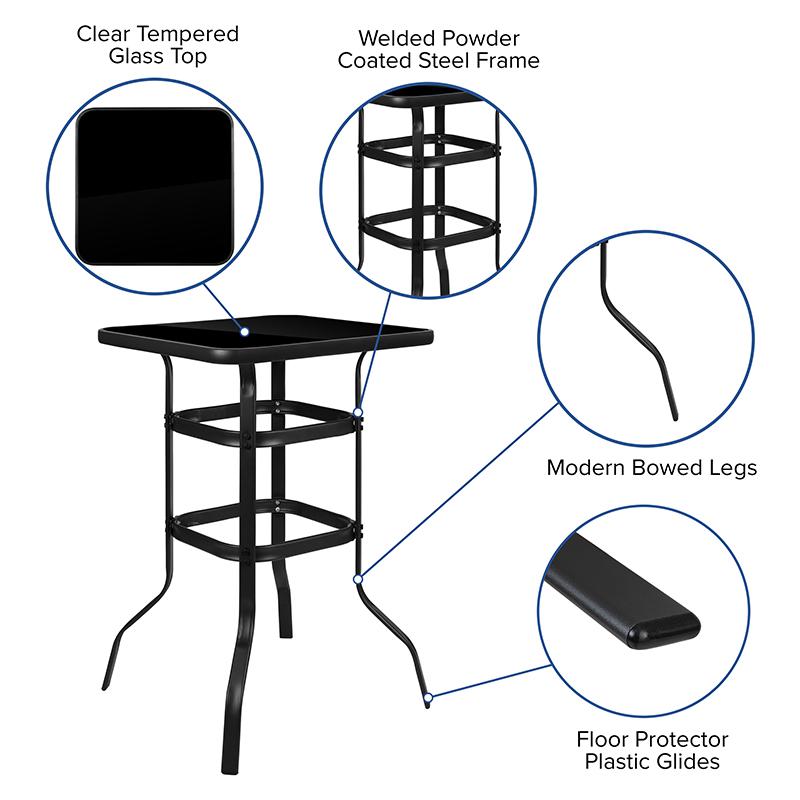 27.5" Square Black Tempered Glass Bar Height Metal Patio Bar Table By Flash Furniture | Bar Tables | Modishstore - 4