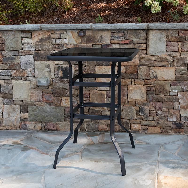 27.5" Square Black Tempered Glass Bar Height Metal Patio Bar Table By Flash Furniture | Bar Tables | Modishstore - 2