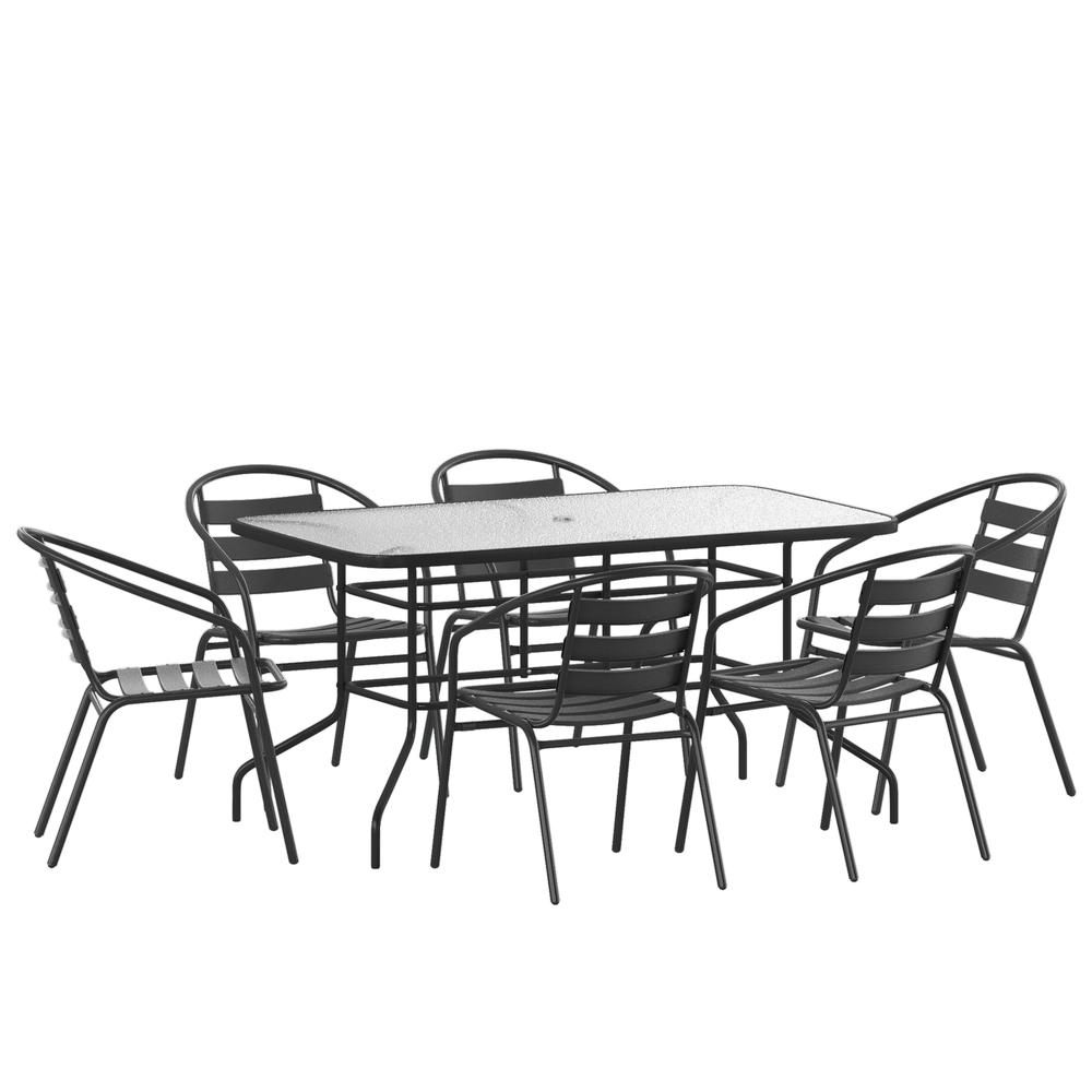 7 Piece Outdoor Patio Dining Set - 55" Tempered Glass Patio Table With Umbrella Hole, 6 Black Metal Aluminum Slat Stack Chairs By Flash Furniture | Dining Sets | Modishstore