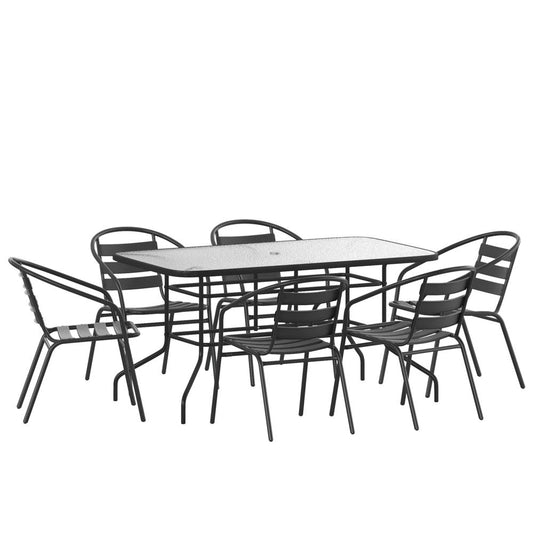 7 Piece Outdoor Patio Dining Set - 55" Tempered Glass Patio Table With Umbrella Hole, 6 Black Metal Aluminum Slat Stack Chairs By Flash Furniture | Dining Sets | Modishstore