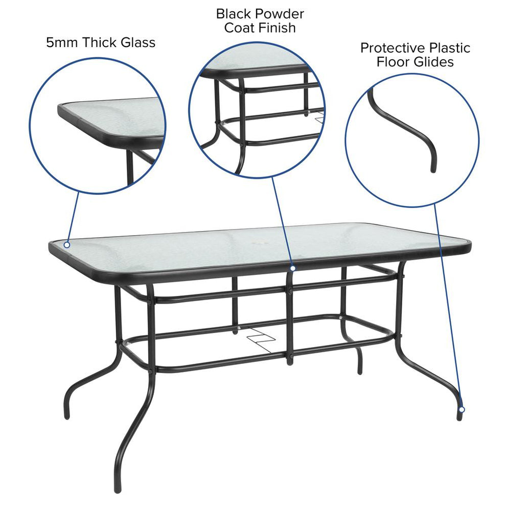 7 Piece Outdoor Patio Dining Set - 55" Tempered Glass Patio Table With Umbrella Hole, 6 Black Metal Aluminum Slat Stack Chairs By Flash Furniture | Outdoor Dining Sets | Modishstore - 4