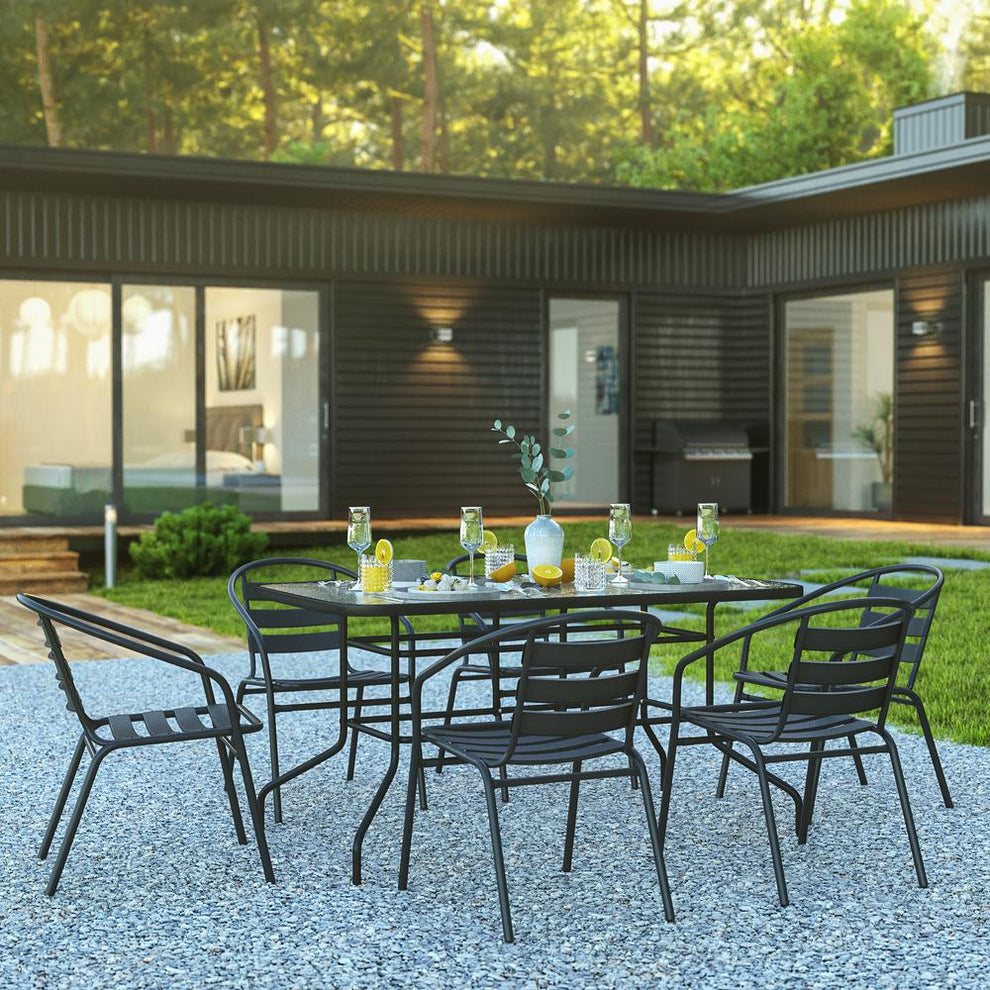 7 Piece Outdoor Patio Dining Set - 55" Tempered Glass Patio Table With Umbrella Hole, 6 Black Metal Aluminum Slat Stack Chairs By Flash Furniture | Outdoor Dining Sets | Modishstore - 2