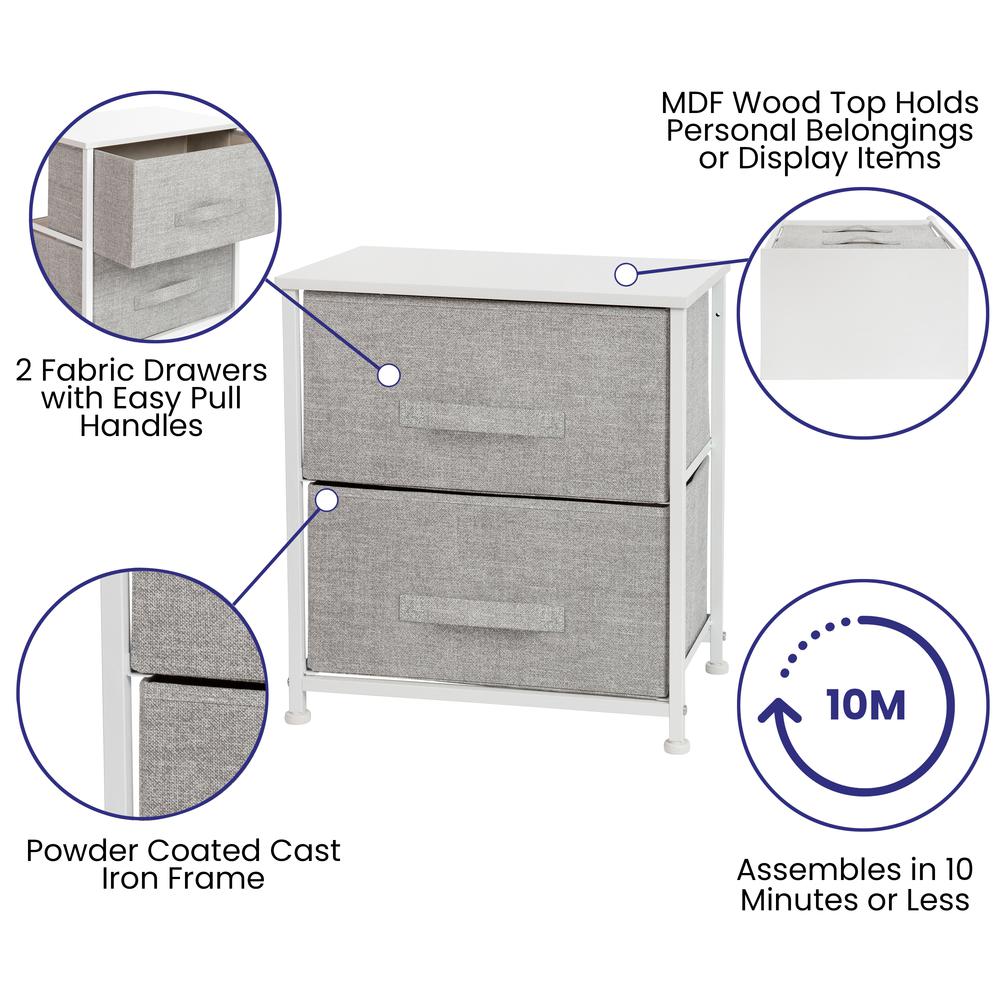 2 Drawer Wood Top White Nightstand Storage Organizer With Cast Iron Frame And Light Gray Easy Pull Fabric Drawers By Flash Furniture | Dressers | Modishstore - 3