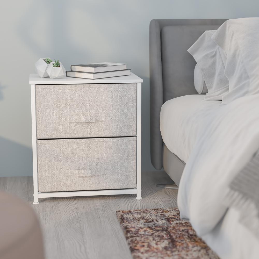 2 Drawer Wood Top White Nightstand Storage Organizer With Cast Iron Frame And Light Gray Easy Pull Fabric Drawers By Flash Furniture | Dressers | Modishstore