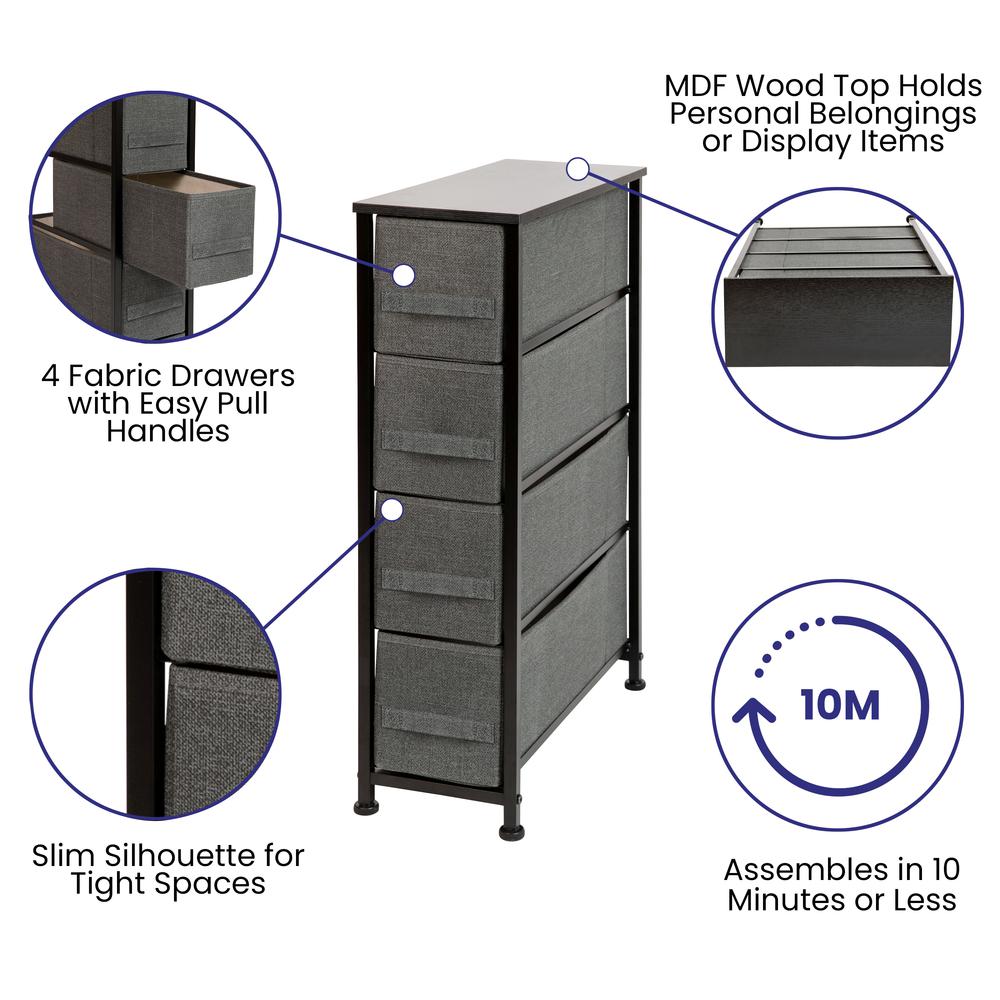 4 Drawer Slim Wood Top Black Cast Iron Frame Vertical Storage Dresser With Dark Gray Easy Pull Fabric Drawers By Flash Furniture | Dressers | Modishstore - 3