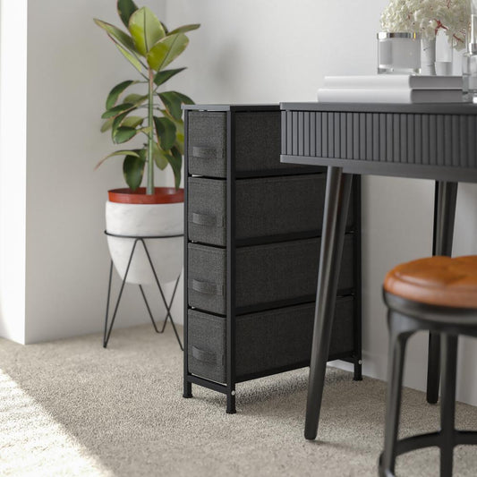 4 Drawer Slim Wood Top Black Cast Iron Frame Vertical Storage Dresser With Dark Gray Easy Pull Fabric Drawers By Flash Furniture | Dressers | Modishstore