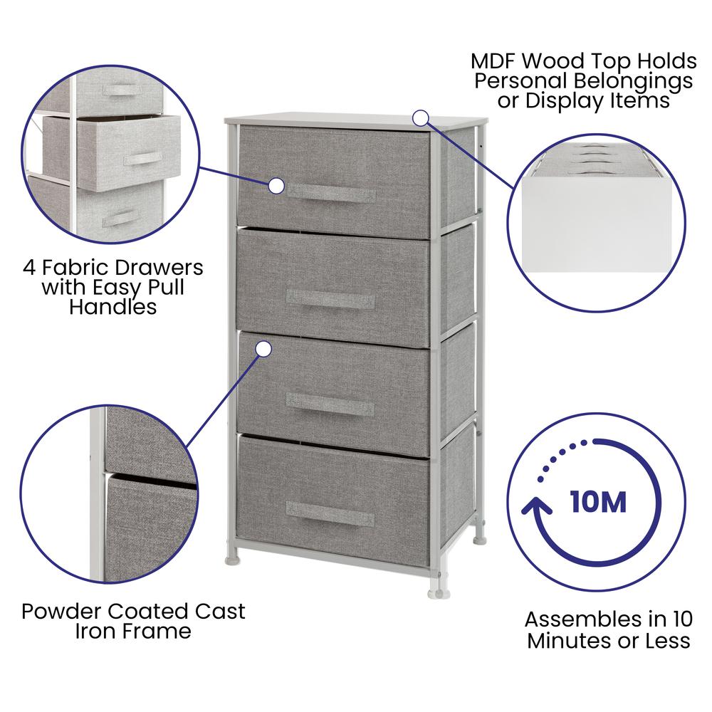 4 Drawer Wood Top White Cast Iron Frame Vertical Storage Dresser With Light Gray Easy Pull Fabric Drawers By Flash Furniture | Dressers | Modishstore - 3
